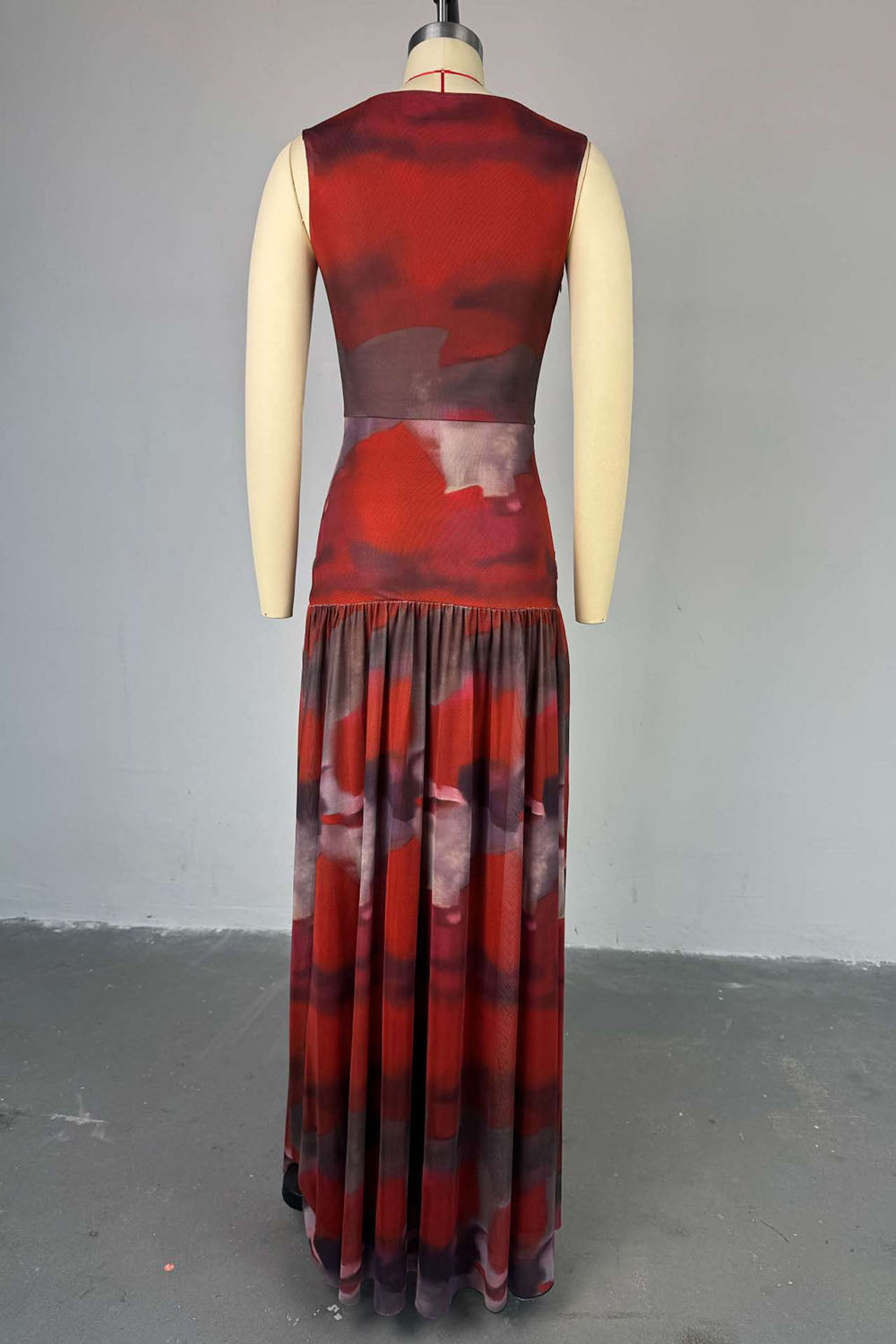 Twisted Decor Dropped Waist Print Patchwork Sleeveless Maxi Dresses-Red