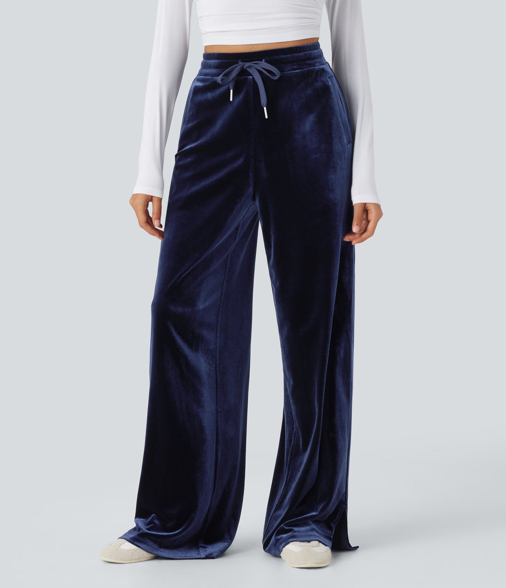 High Waisted Drawstring Wide Leg Velvet Casual Pants with Pockets