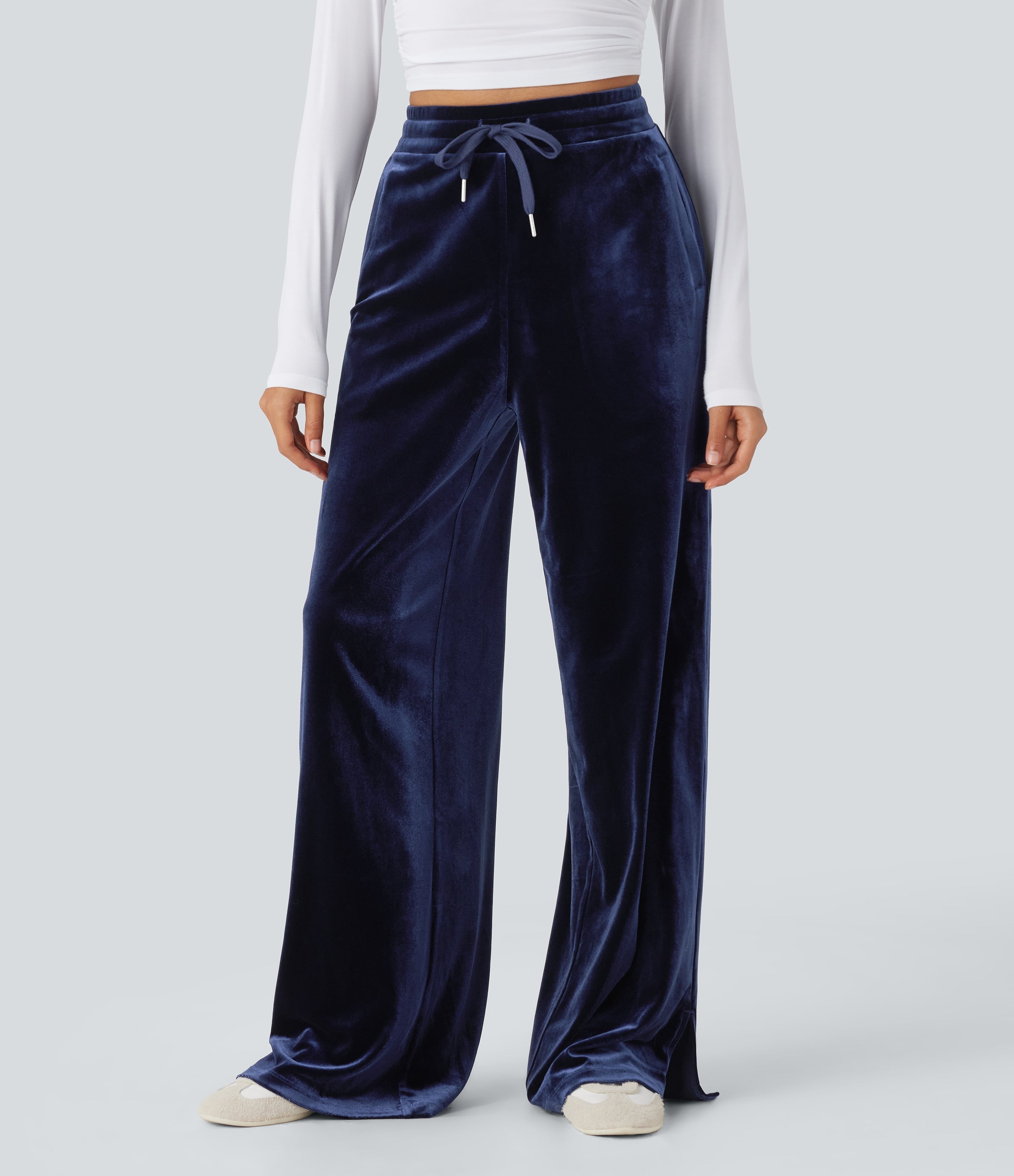 High Waisted Drawstring Wide Leg Velvet Casual Pants with Pockets