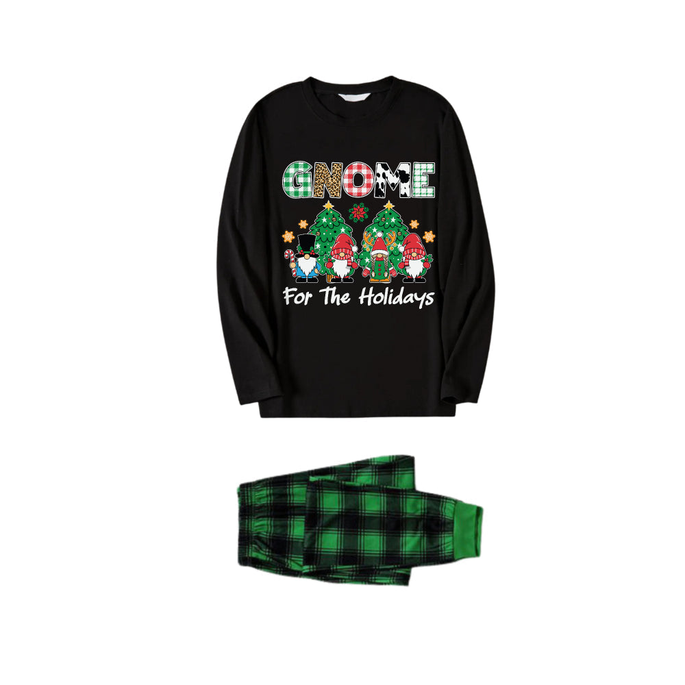 Christmas Family Matching Pajamas-Black Top and Green Plaid Pants Pjs Set with "Gnome For The Holidays" Print