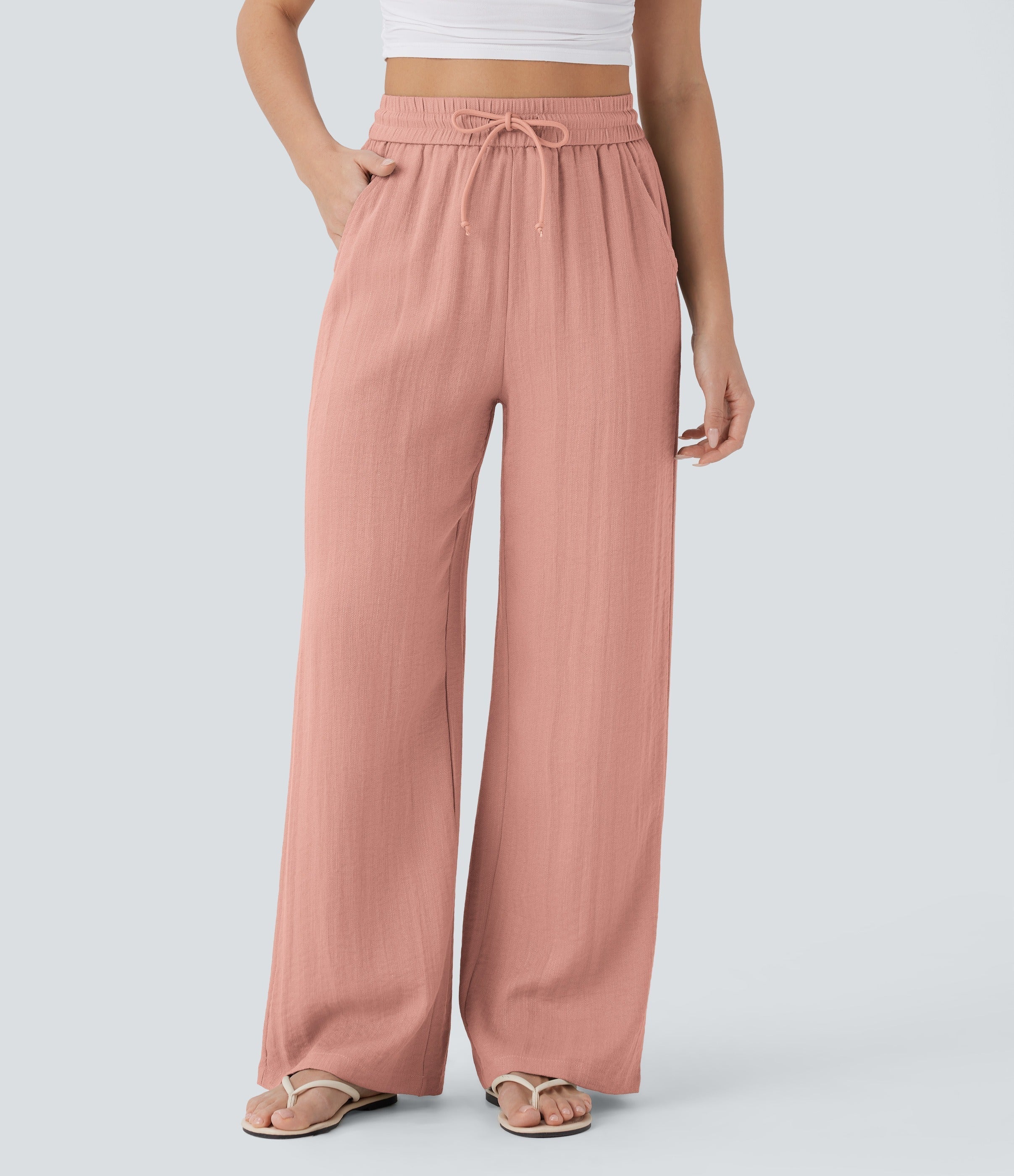 Women Summer High Waisted Drawstring Pocket Wide Leg Casual Linen-Feel Pants