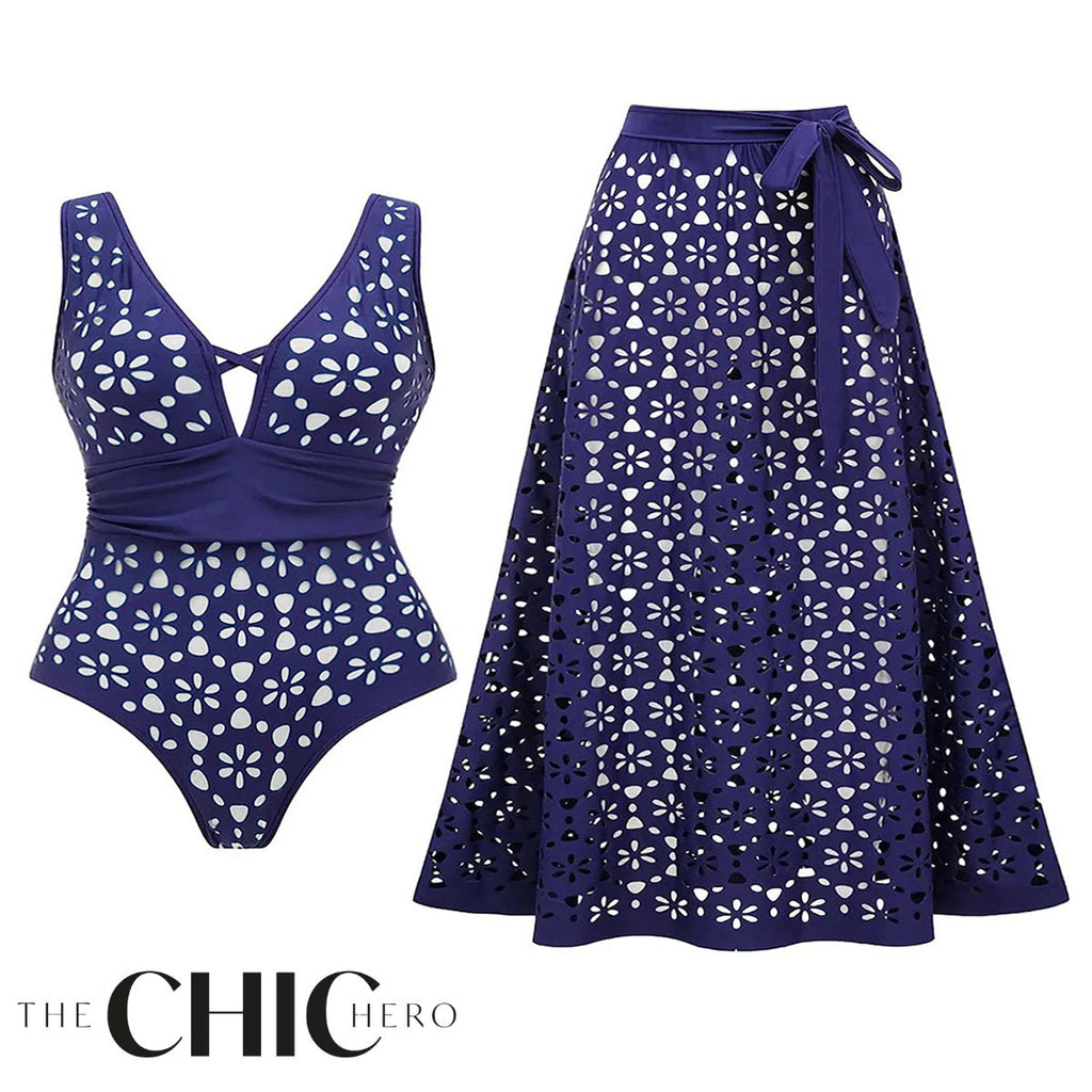 Navy Blue Petal Print Hollow One-Piece V Neck Swimsuit&Skirt