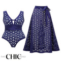 Navy Blue Petal Print Hollow One-Piece V Neck Swimsuit&Skirt