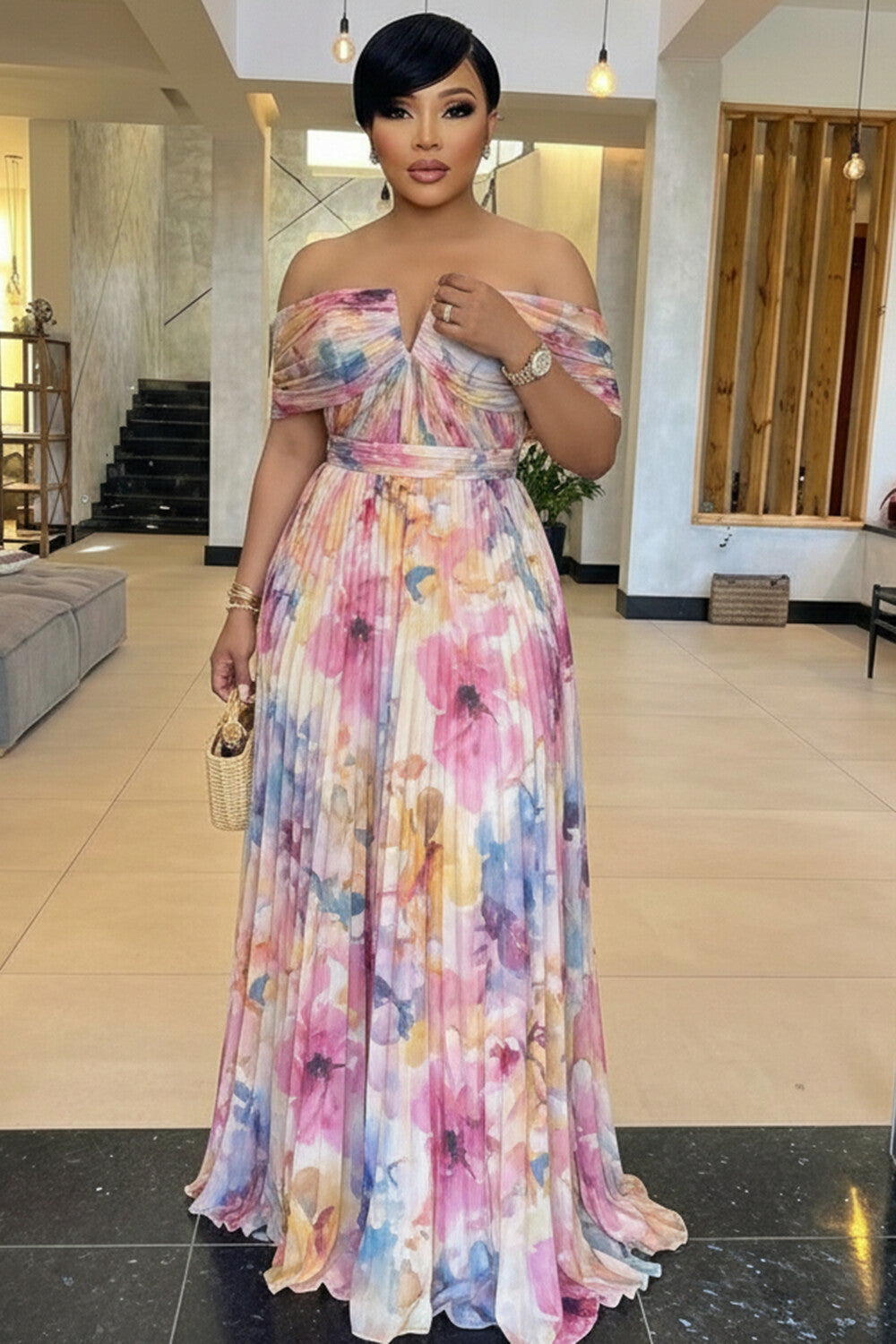 Off Shoulder Cinch Waist Flower Print Pleated Maxi Dresses-Pink