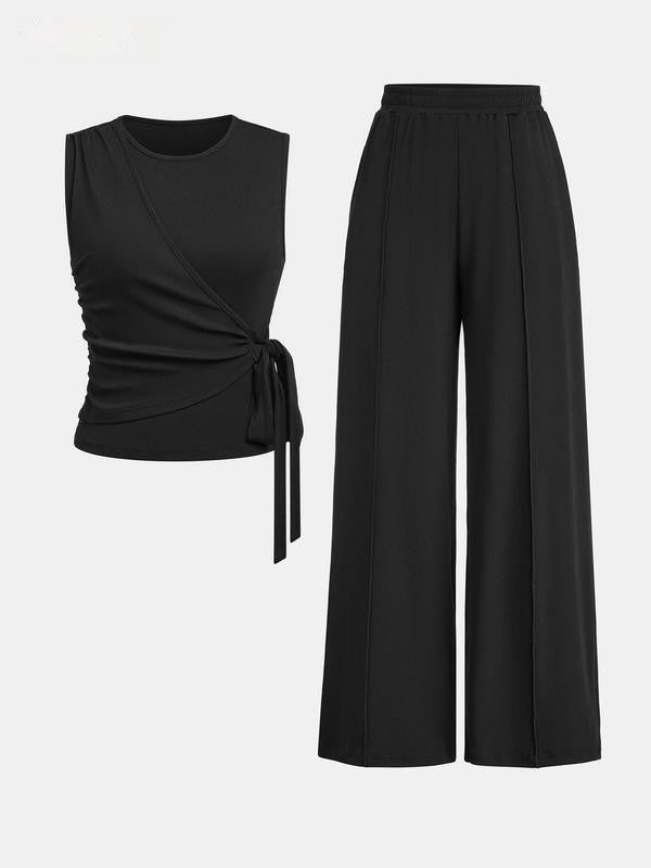 Women's Solid Knot Front Tank Top & Wide Leg Pants Set
