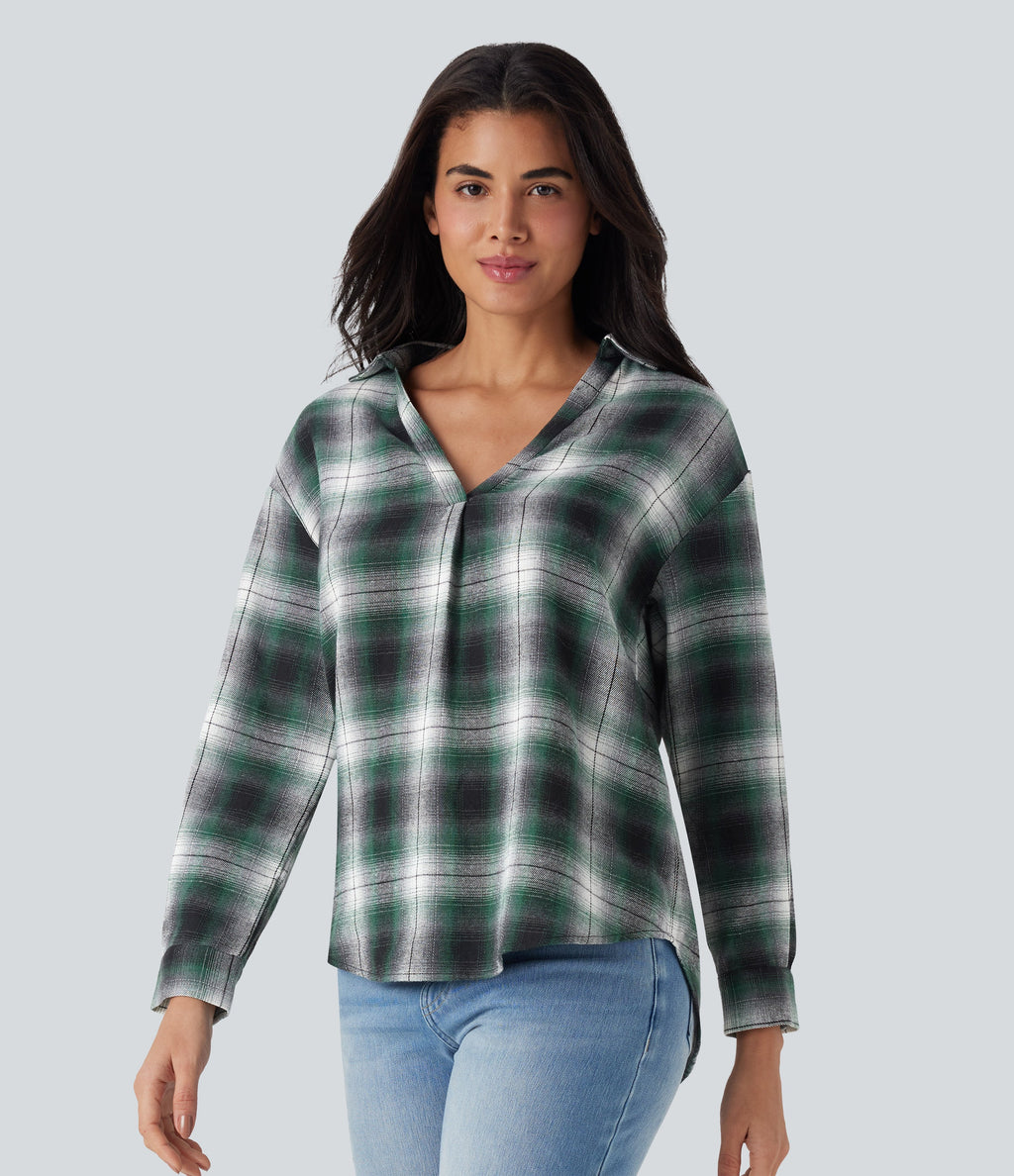 V Neck Curved Hem Plaid Casual Blouse