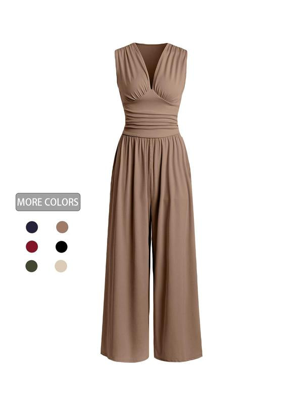 2026 Women's new jumpsuit with pockets Plain Ruched V Neck Ribbed Tank Jumpsuit, Summer Outfits 2025, Elegant Sleeveless Wide Leg Jumpsuit for Women for Vacation Holiday Party, Ladies Summer Clothes