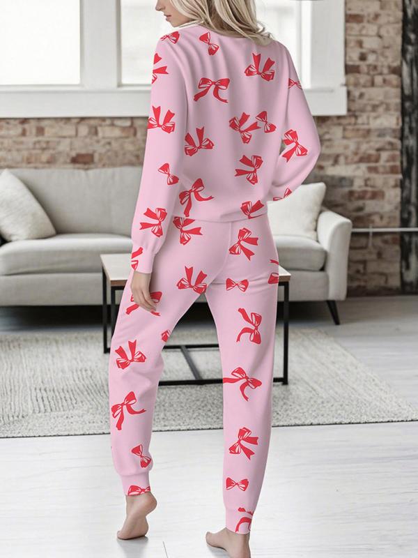 Bow Print V-Neck Long Sleeve Top & Tie Waist Pants Set