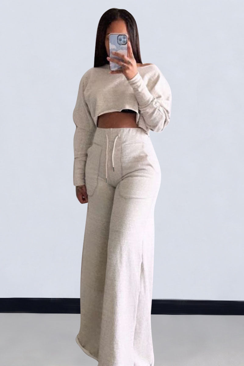Plain Long Sleeve Crop Sweatshirt Pocket Wide Leg Pants Matching Set-Gray