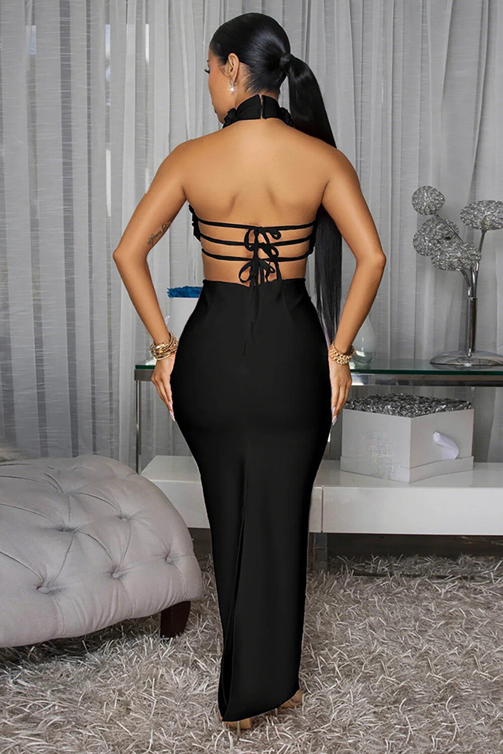 3D Flower Decor High Collar Open Back Bodycon Party Maxi Dresses-Red