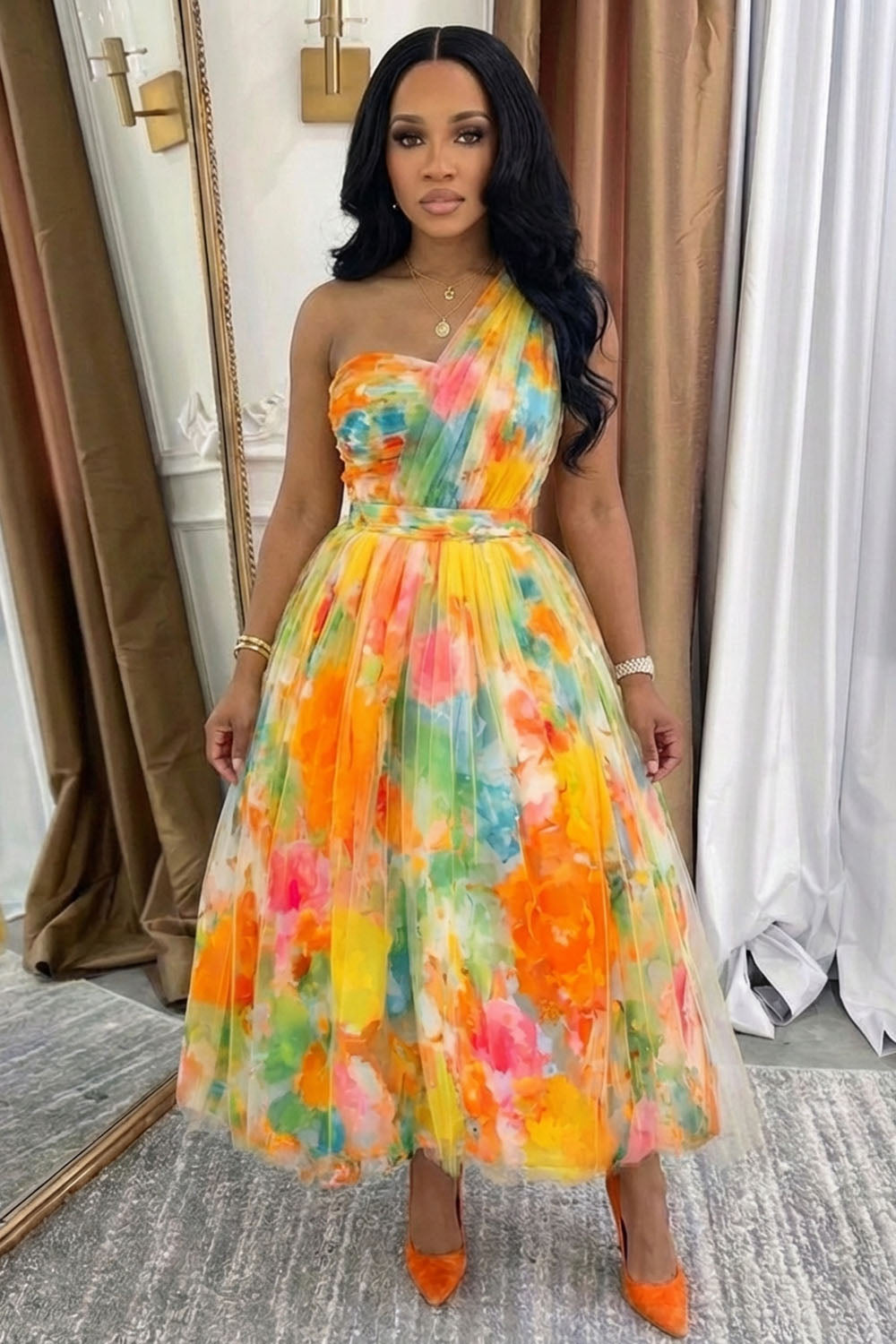 One Shoulder Floral Print Mesh Vacation Maxi Dresses-Multicolor