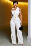 Turndown Collar Sleeveless Cut Out Slim Casual Jumpsuit-White