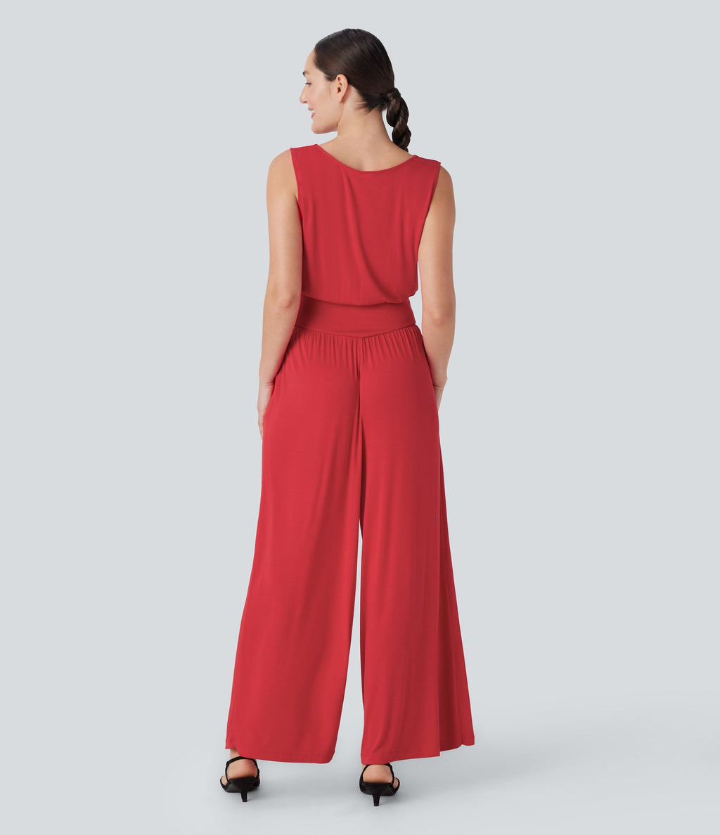 Ribbed Cowl Neck Sleeveless Wide Leg Casual Jumpsuit with Pockets