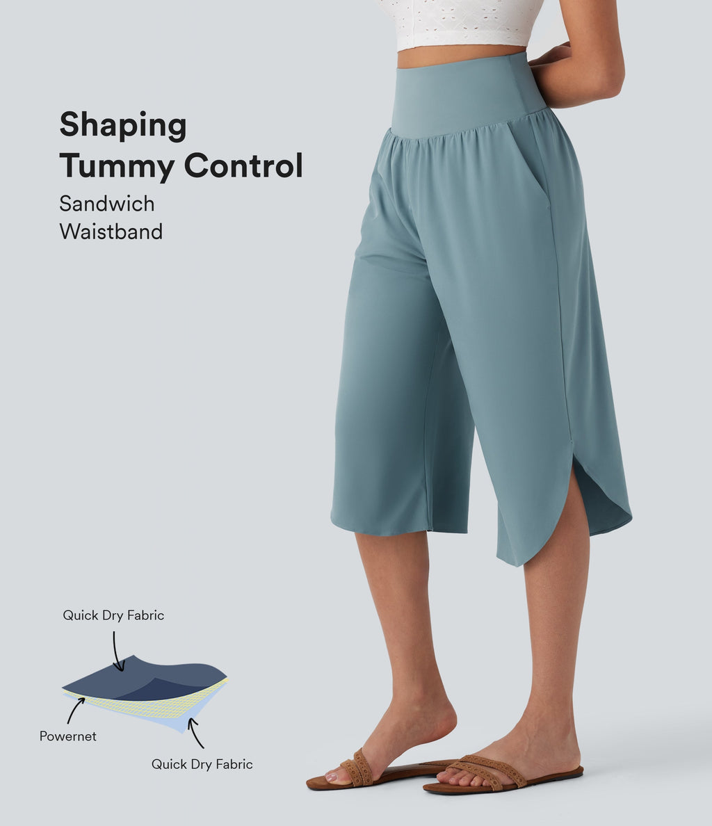 BreezefulTM SoCinched High Waisted Tummy Control Hem Quick Dry Capri Pants with Pockets