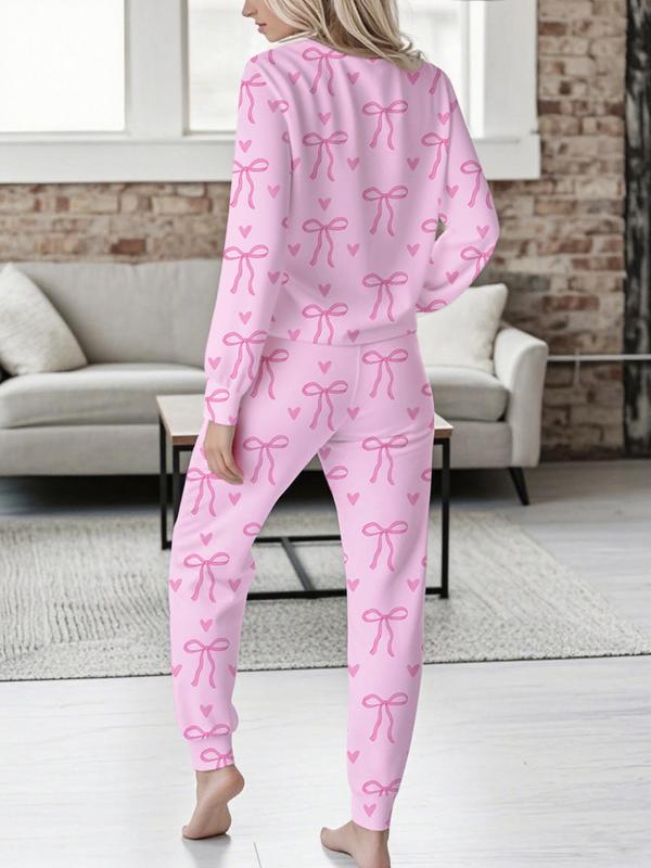 Bow Print V-Neck Long Sleeve Top & Tie Waist Pants Set