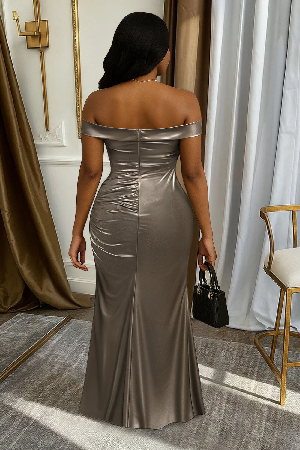 Off Shoulder Wrinkle Slit Metallic Party Maxi Dresses-Grey
