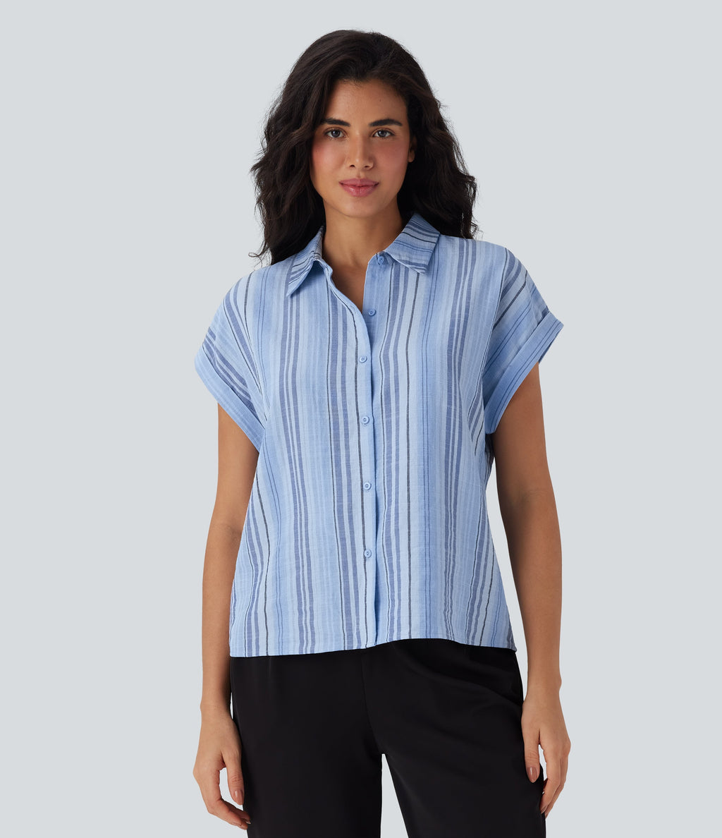 Short Sleeve Stripe Work Linen-Feel Shirt