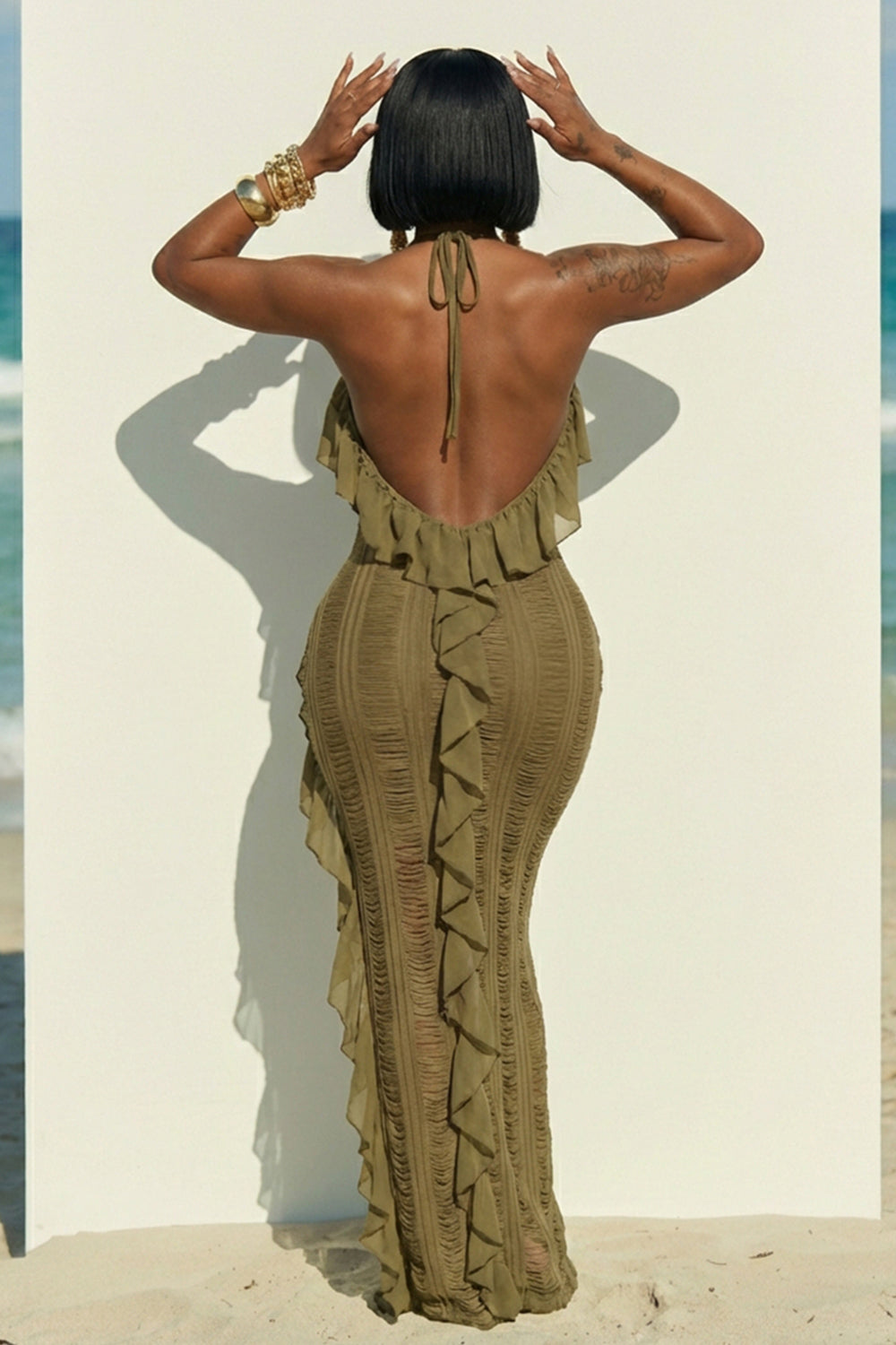 Halter Backless Ruffle Trim Slit Slim Fit Maxi Dresses-Green