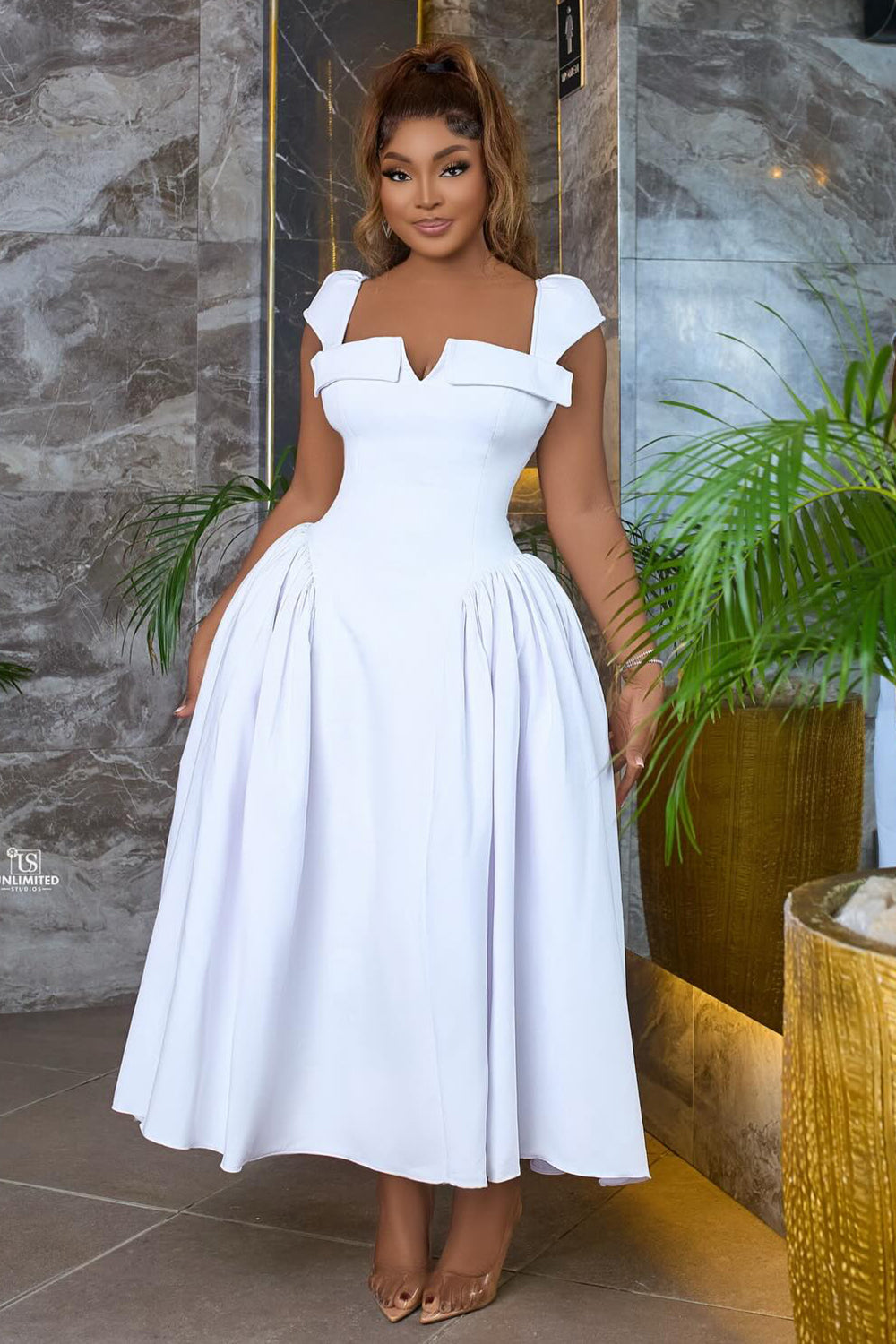 Square Neck Cinch Waist Ruched Bouffant Party Maxi Dresses-White