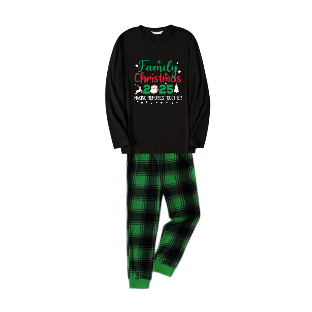 Christmas Family Matching Pajamas-Black Top and Green Plaid Pants Pjs Set with "Family Christmas 2025" and Santa Pattern Print