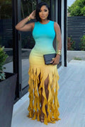 Round Neck Sleeveless Colorblock Fringe Party Maxi Dresses-Yellow