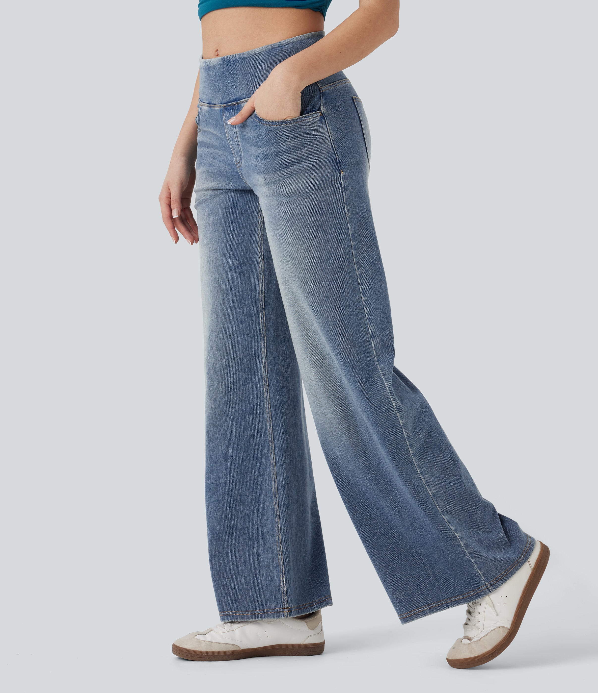 FlexTM SoCinched Mid Rise Tummy Control Casual Baggy Jeans with Pockets