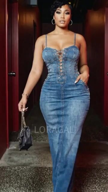 Denim Spaghetti Strap Lace Up Raw Edge Casual Maxi Dresses-Blue