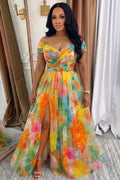 Off Shoulder Floral Mesh Slit Vacation Maxi Dresses-Multicolor