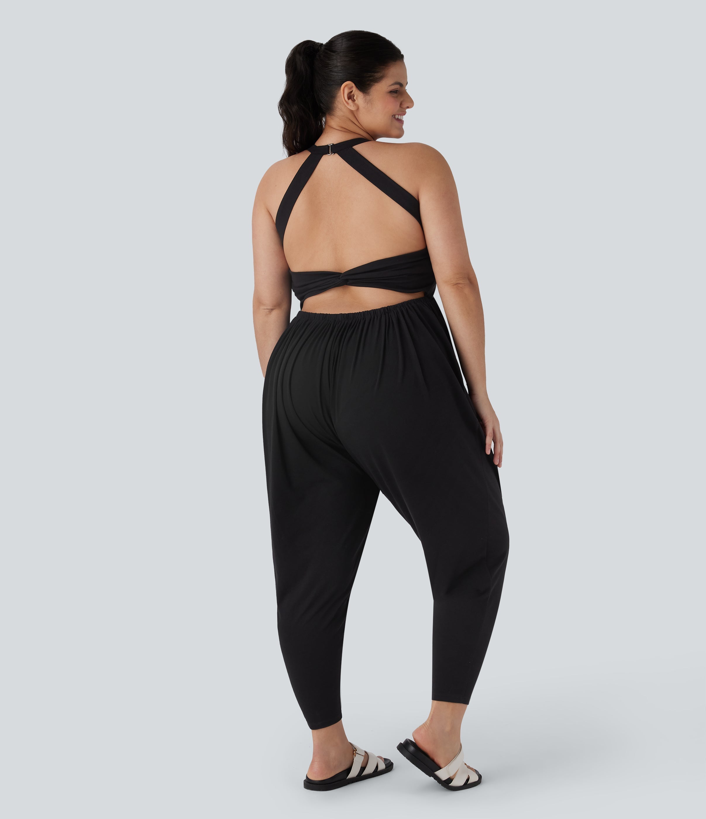 Backless Twisted Harem Casual Plus Size Jumpsuit with Side Pocket-Easy Peezy Edition