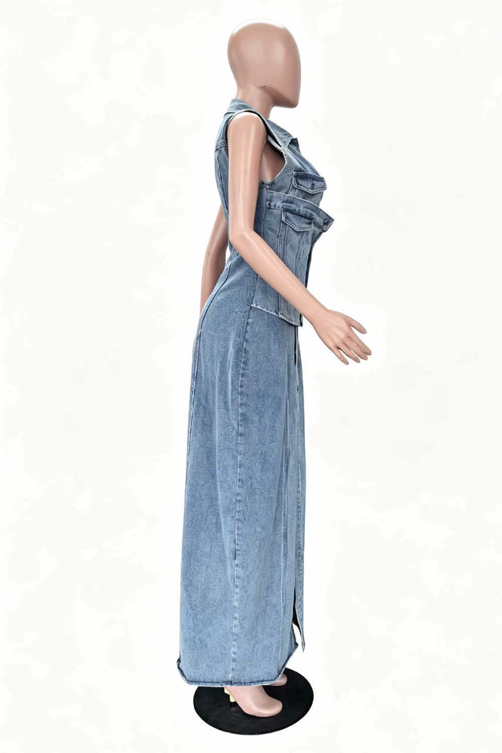 Denim Turndown Collar Sleeveless Slit Slim Fit Casual Maxi Dresses-Blue