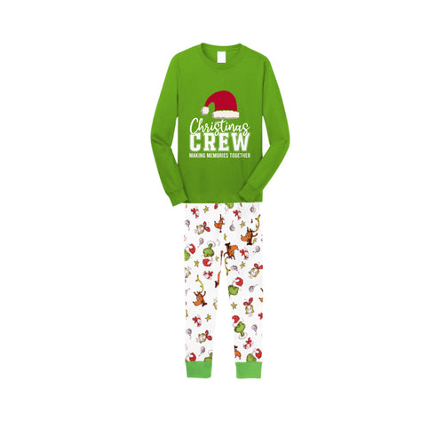 Christmas Family Matching Pajamas-Green Top and Grinch Pants Pjs Set with "Christmas Crew Making Memories Together" and Santa Hat Pattern Print