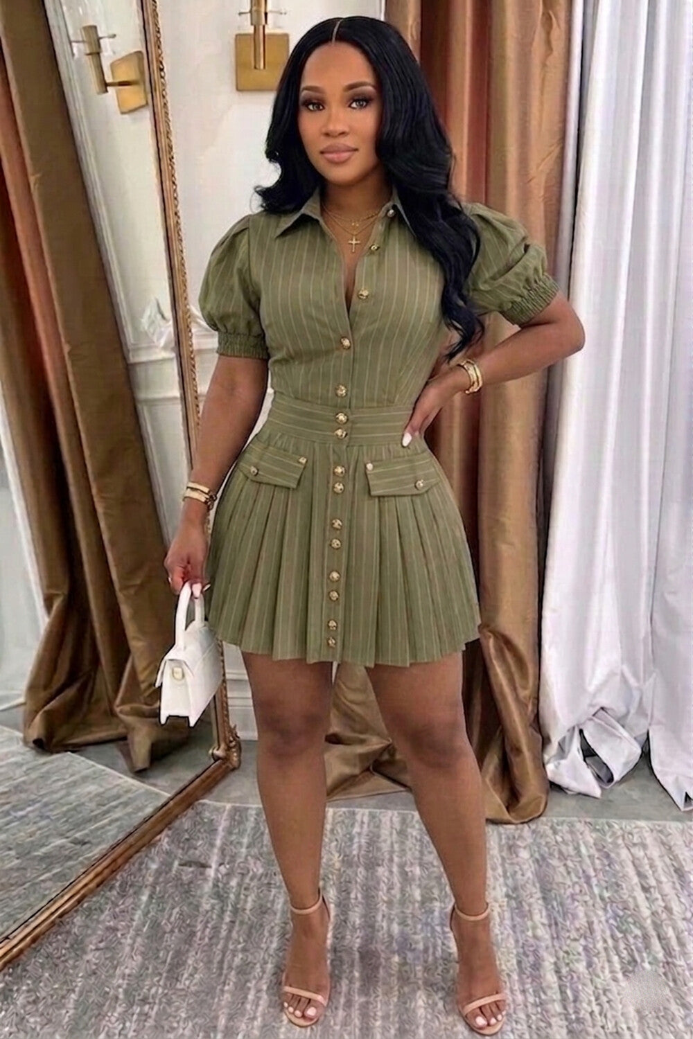 Turndown Collar Puff Sleeve A-Line Casual Mini Dresses-Green