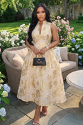 Stand-Up Collar Sleeveless Jacquard Bouffant Maxi Dresses-Gold