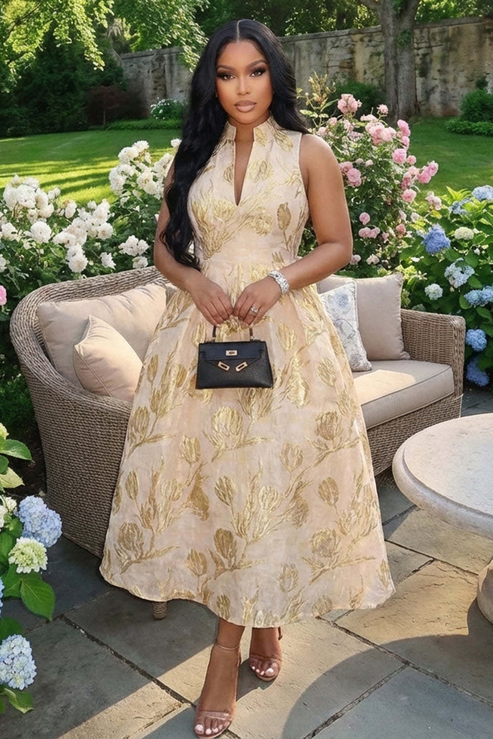 Stand-Up Collar Sleeveless Jacquard Bouffant Maxi Dresses-Gold