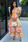Deep V Neck Floral Print Layered Ruffles Maxi Dresses-Multicolor