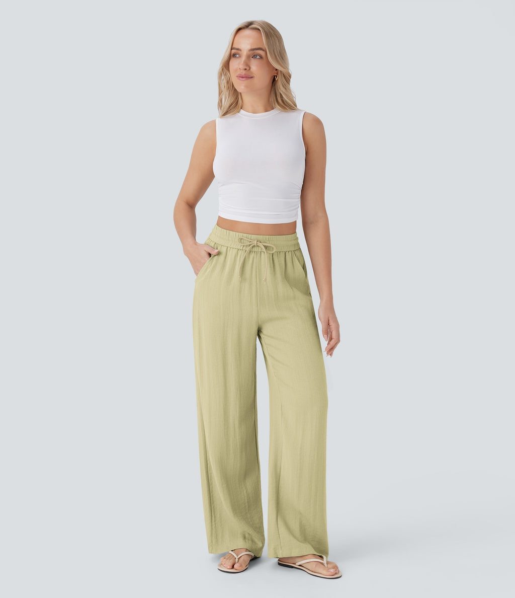 Women Summer High Waisted Drawstring Pocket Wide Leg Casual Linen-Feel Pants