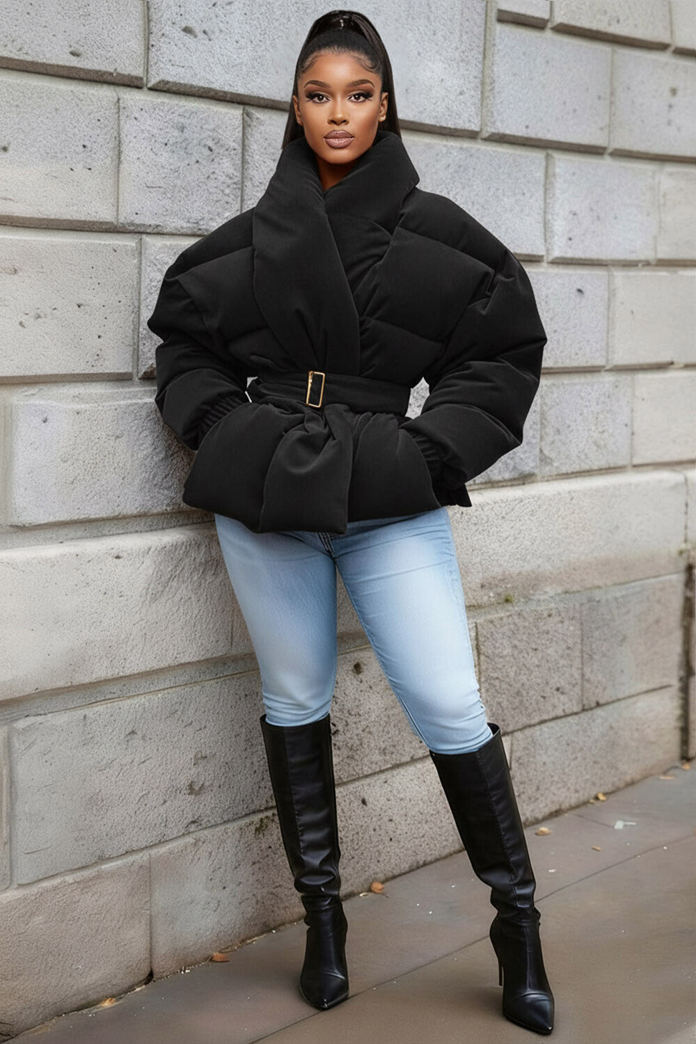 High Neck Long Sleeve Solid Color Crop Padded Coat-Black