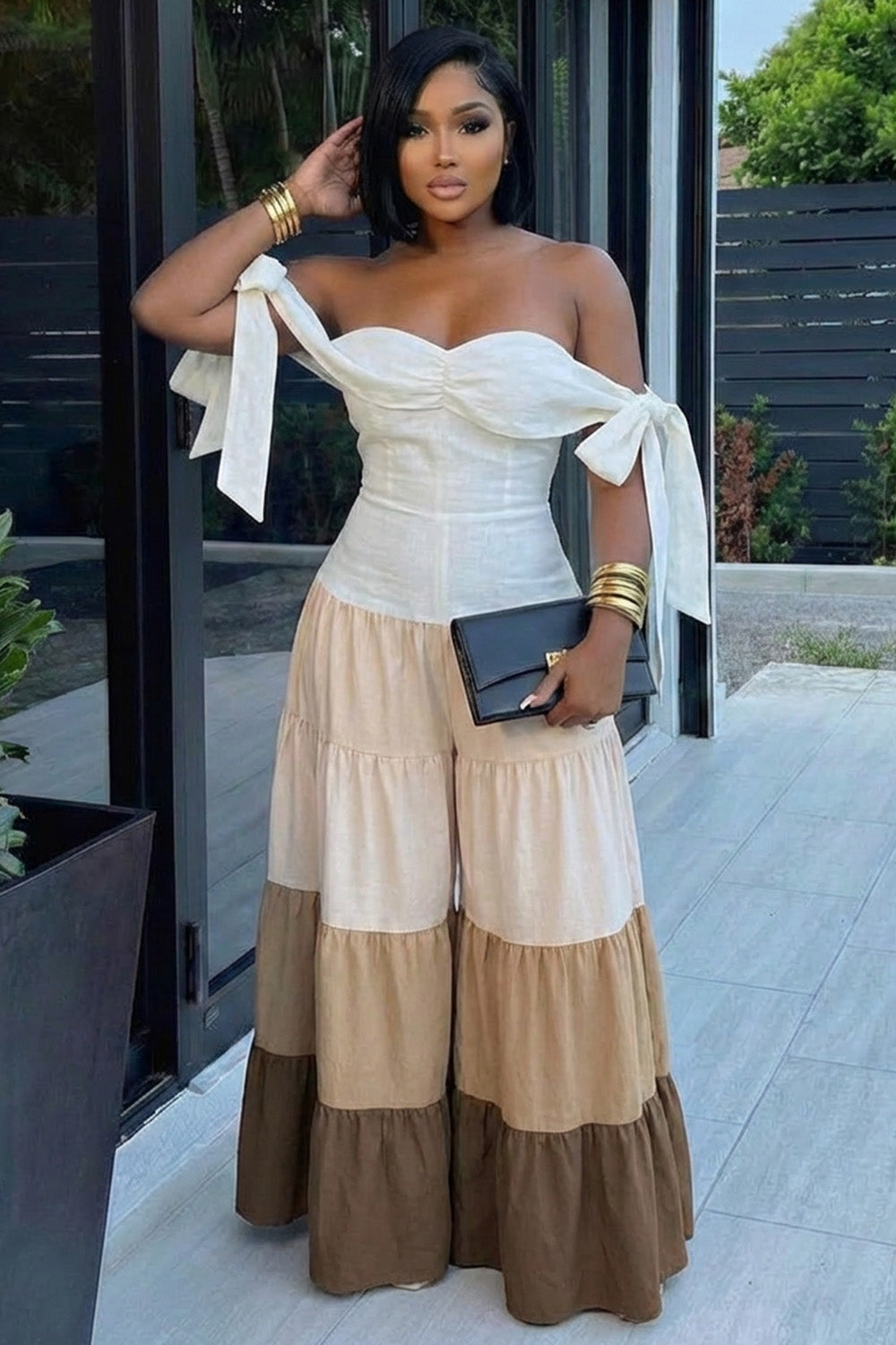 Off Shoulder Colorblock Ruffle Wide Leg Casual Jumpsuit-Brown