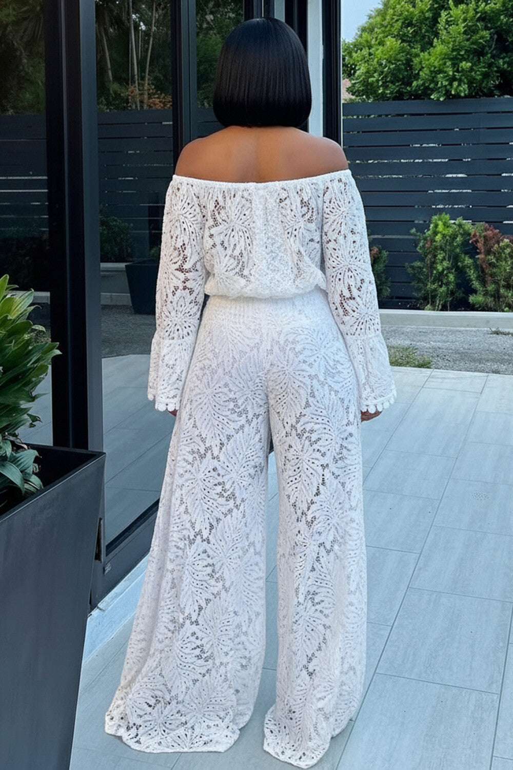 Off Shoulder Flare Sleeve Wide Leg Guipure Lace Jumpsuit-White
