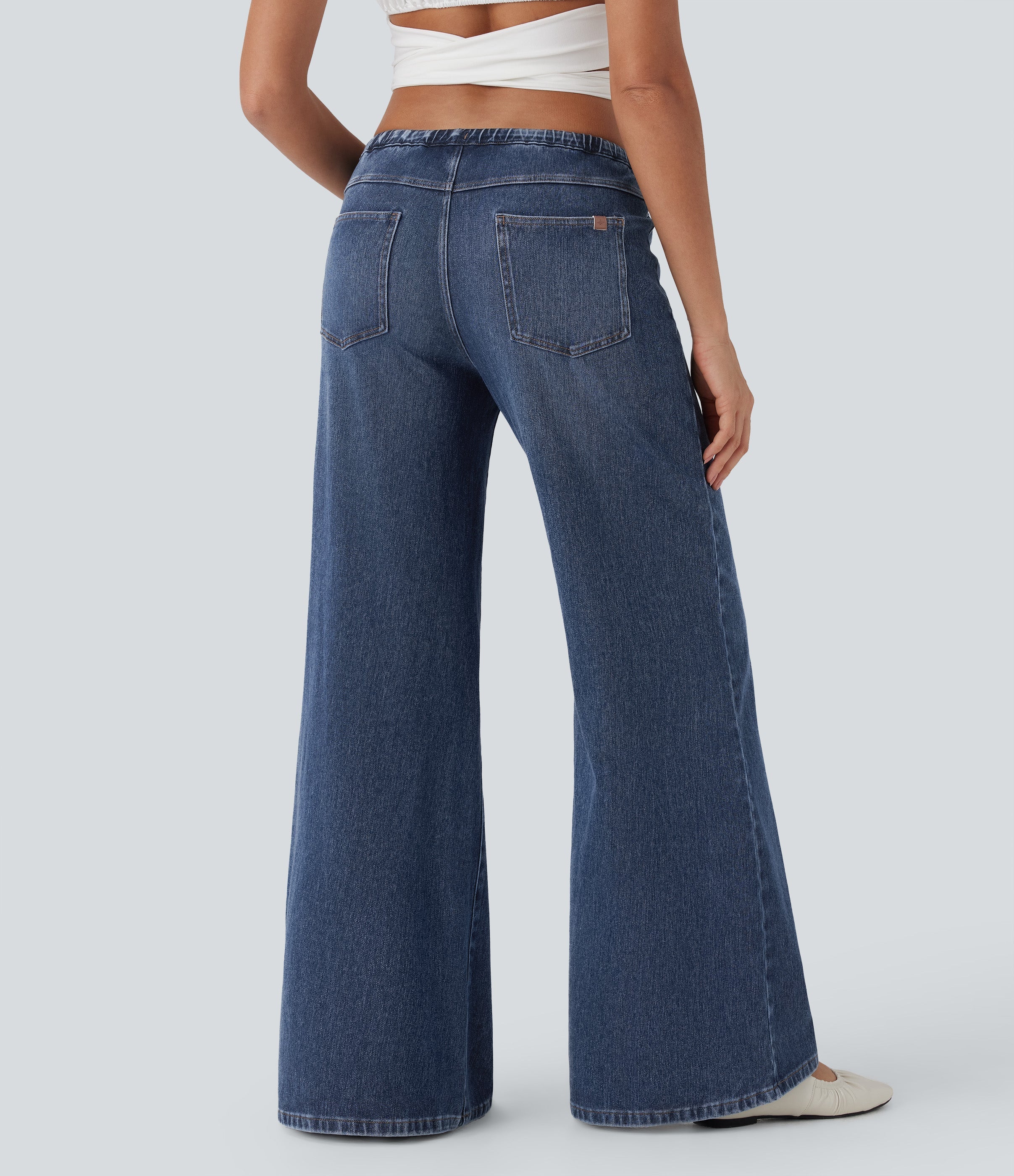 FlexTM Low Rise Drawstring Washed Casual Baggy Jeans with Pockets