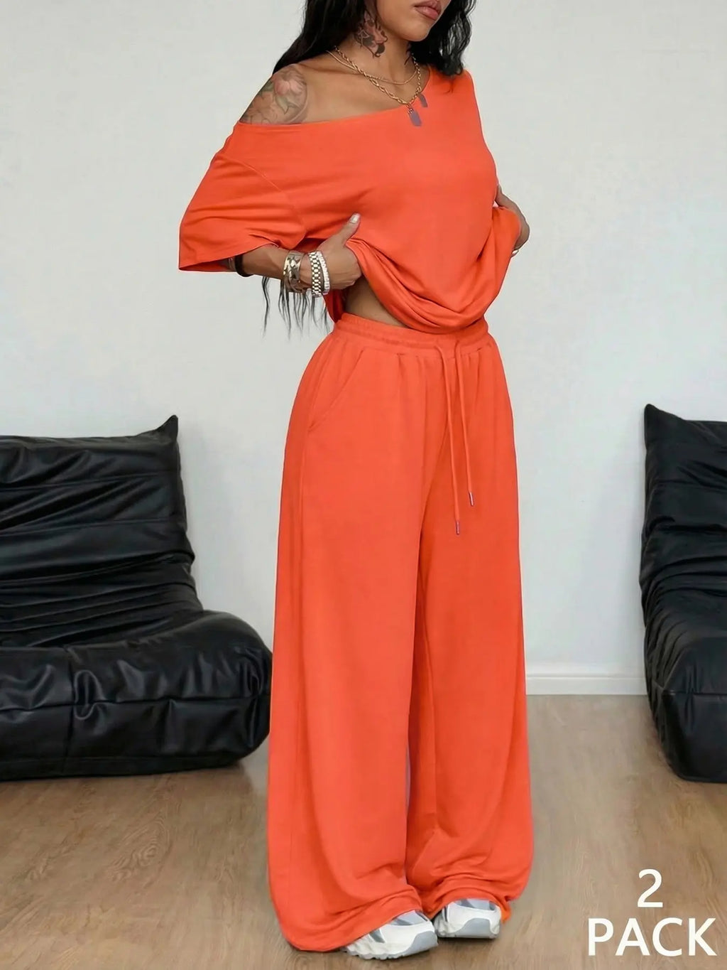 2pcs/Set Women's Minimalist Basic Daily Wear Going Out Sport Comfortable Off Shoulder T-Shirt And Wide Leg Pants Two Pieces Outfits
