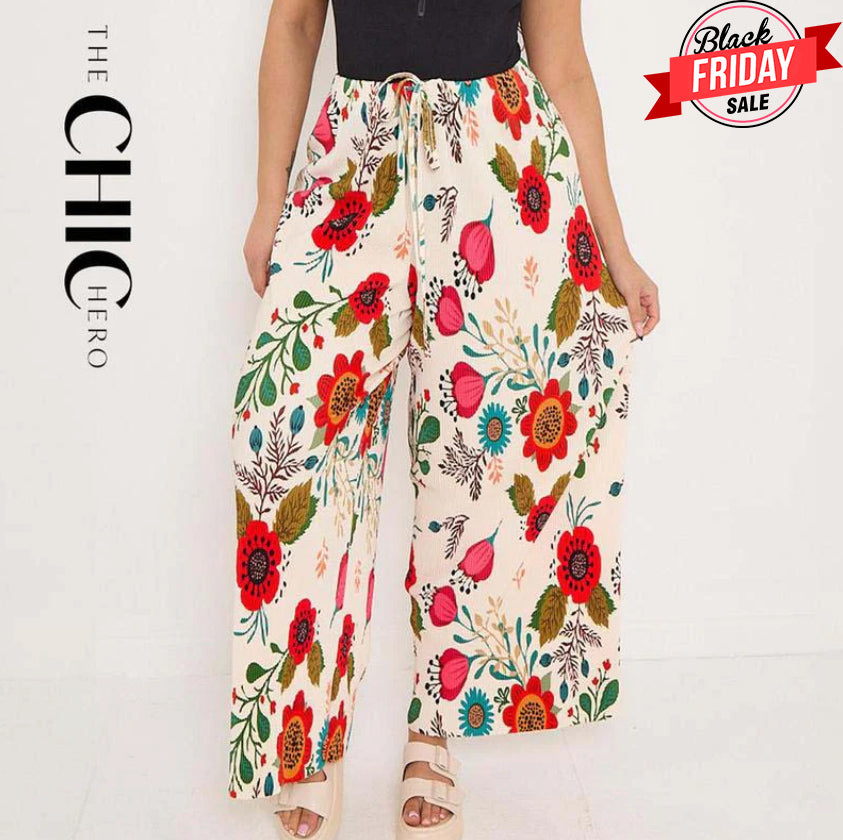 Flower Floral Print Abstract Print Wide-Leg Drawstring Palazzo Pleated Pants
