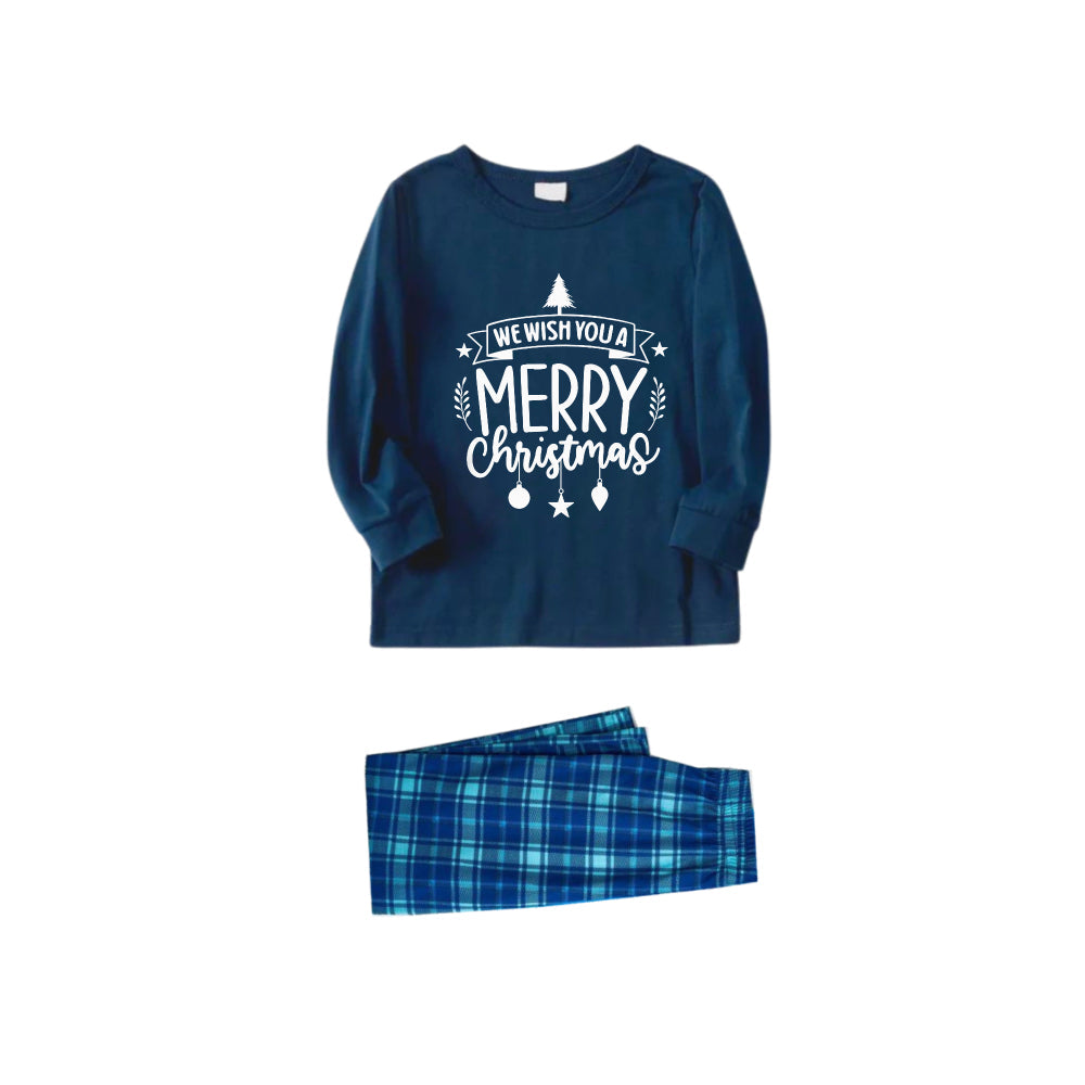 Christmas Family Matching Pajamas-Navy & Sky Blue Plaid Pjs Set with "We Wish You A Merry Christmas" Slogan Print