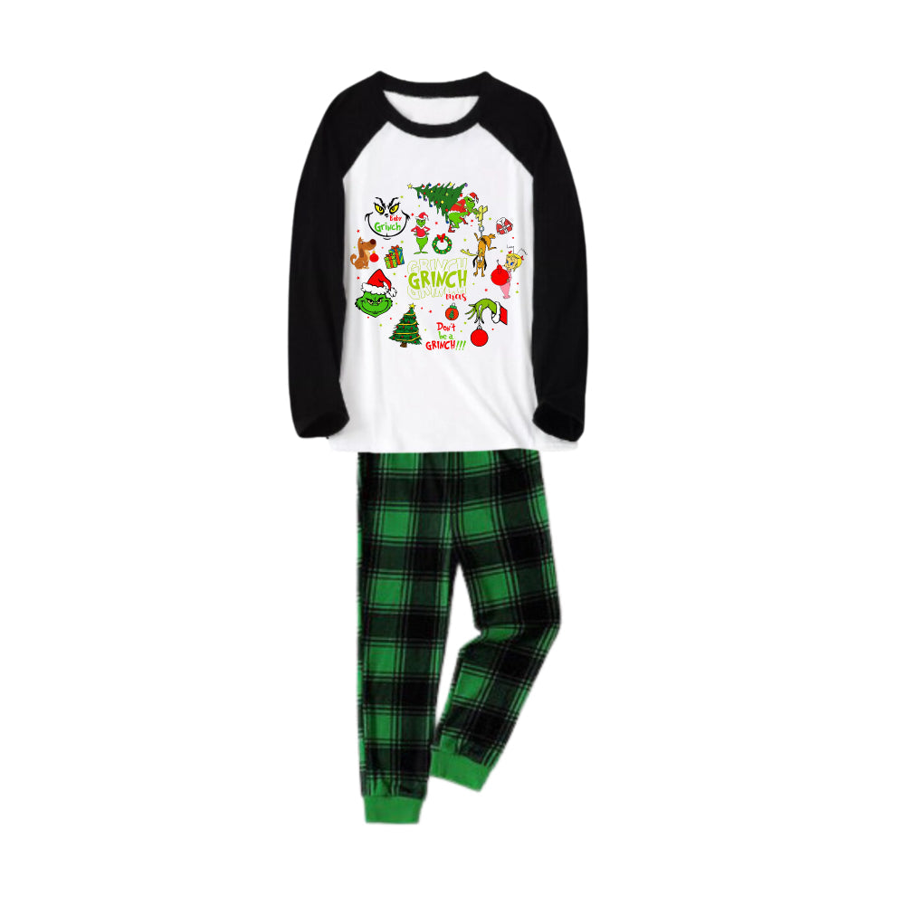 Black Raglan Top Green Plaid Christmas Pajamas Set Family Christmas Pajamas Set With Grinch and Cartoon Pattern