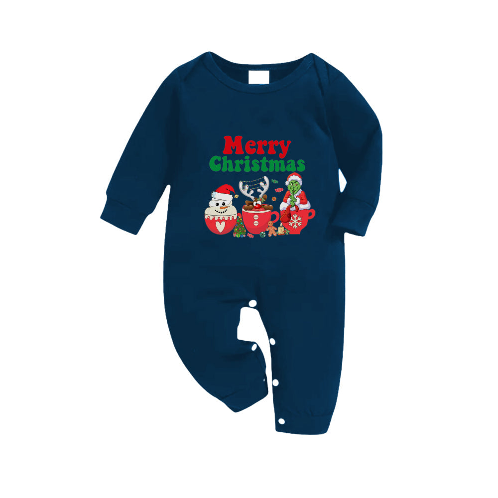 Christmas Family Matching Pajamas-Navy & Sky Blue Plaid Pjs Set with Grinch and "Merry Christmas" Print