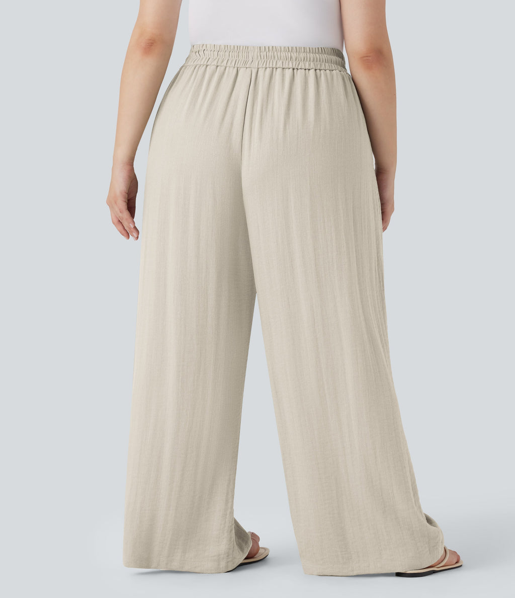 High Waisted Drawstring Linen-Feel Wide Leg Casual Plus Size Pants with Pockets