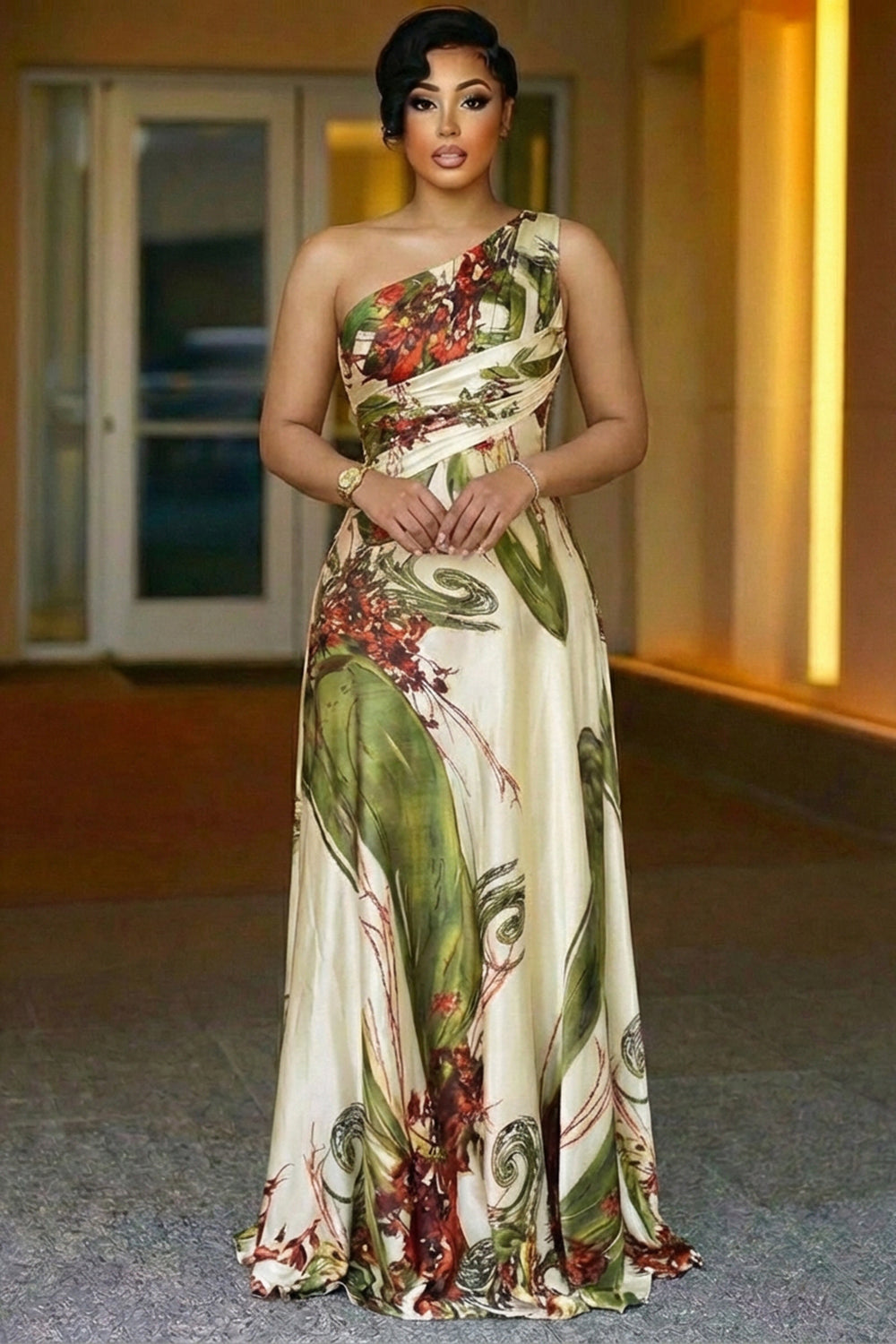 One Shoulder Cinch Waist Flower Print Party Maxi Dresses-Green