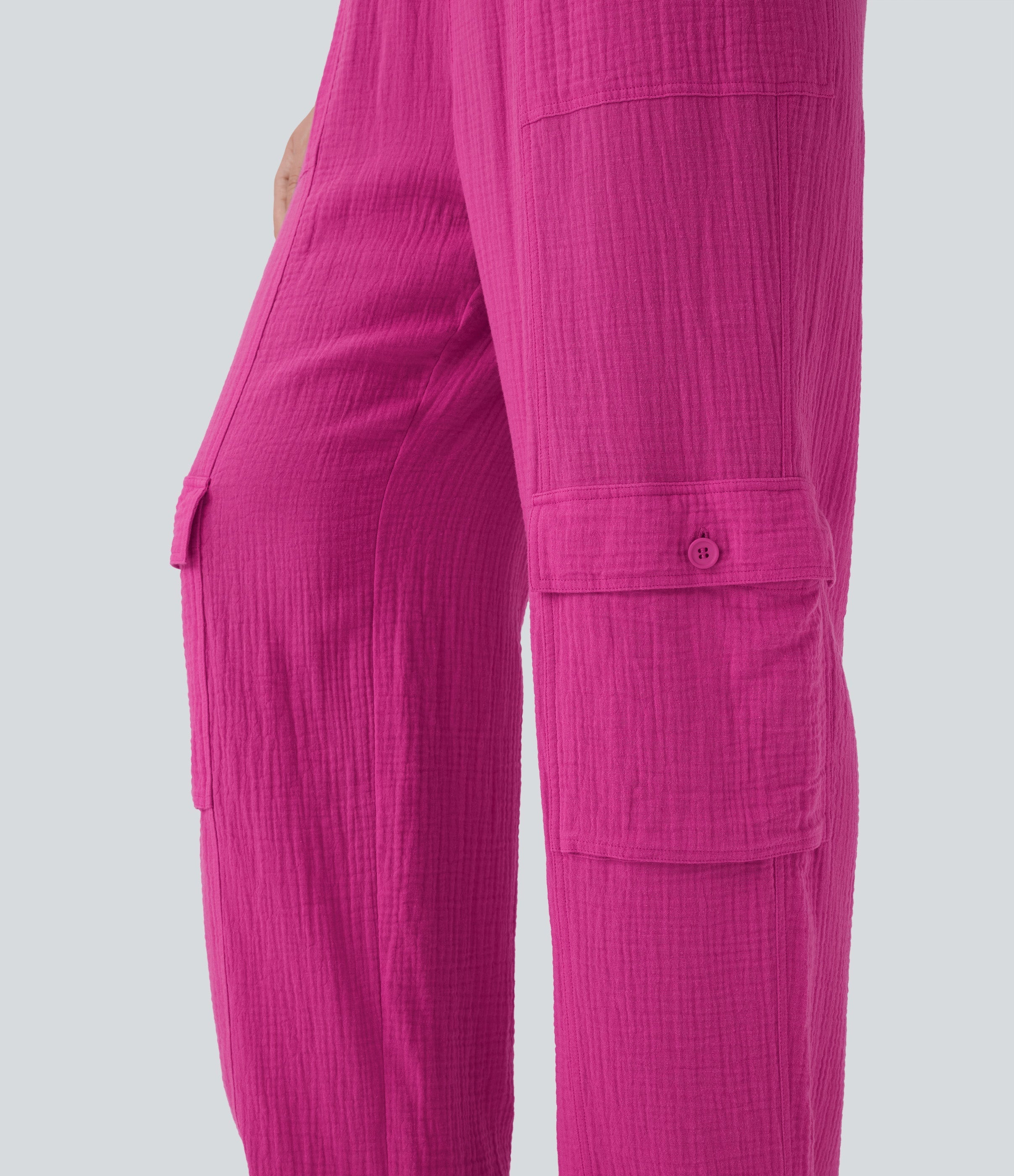 High Waisted Drawstring Wide Leg Cargo Casual Cotton Pants with Pockets