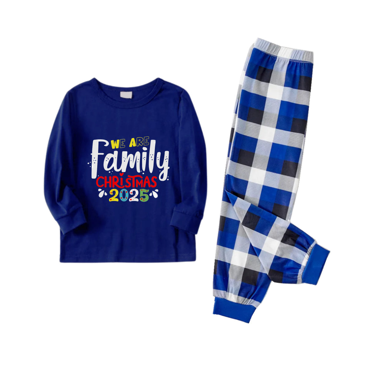 Christmas Family Matching Pajamas-Navy & White Plaid Pjs Set with "We Are Family Christmas 2025" Colorful Text Print