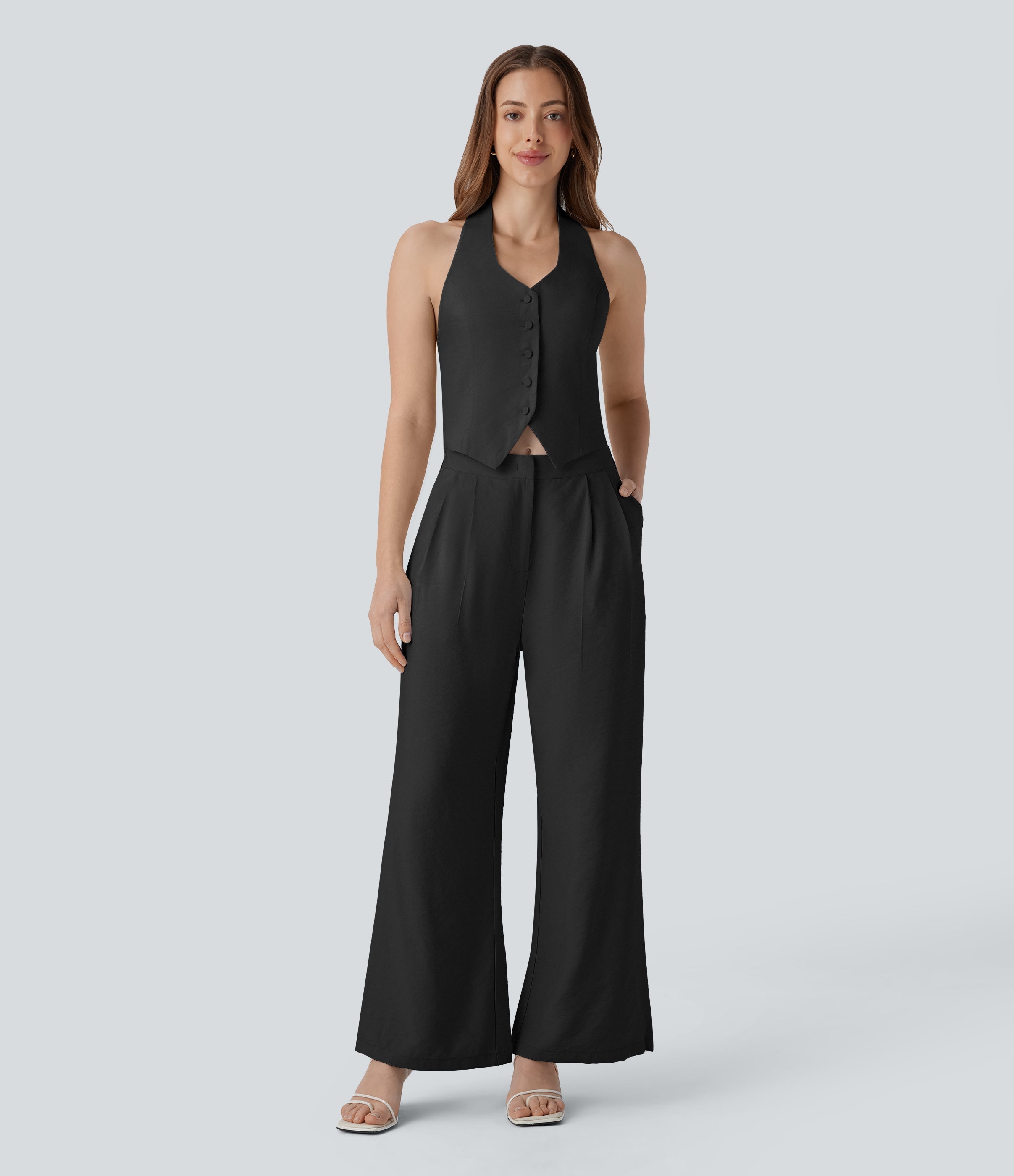 Halter Shirred Wide Leg Work Jumpsuit with Pockets